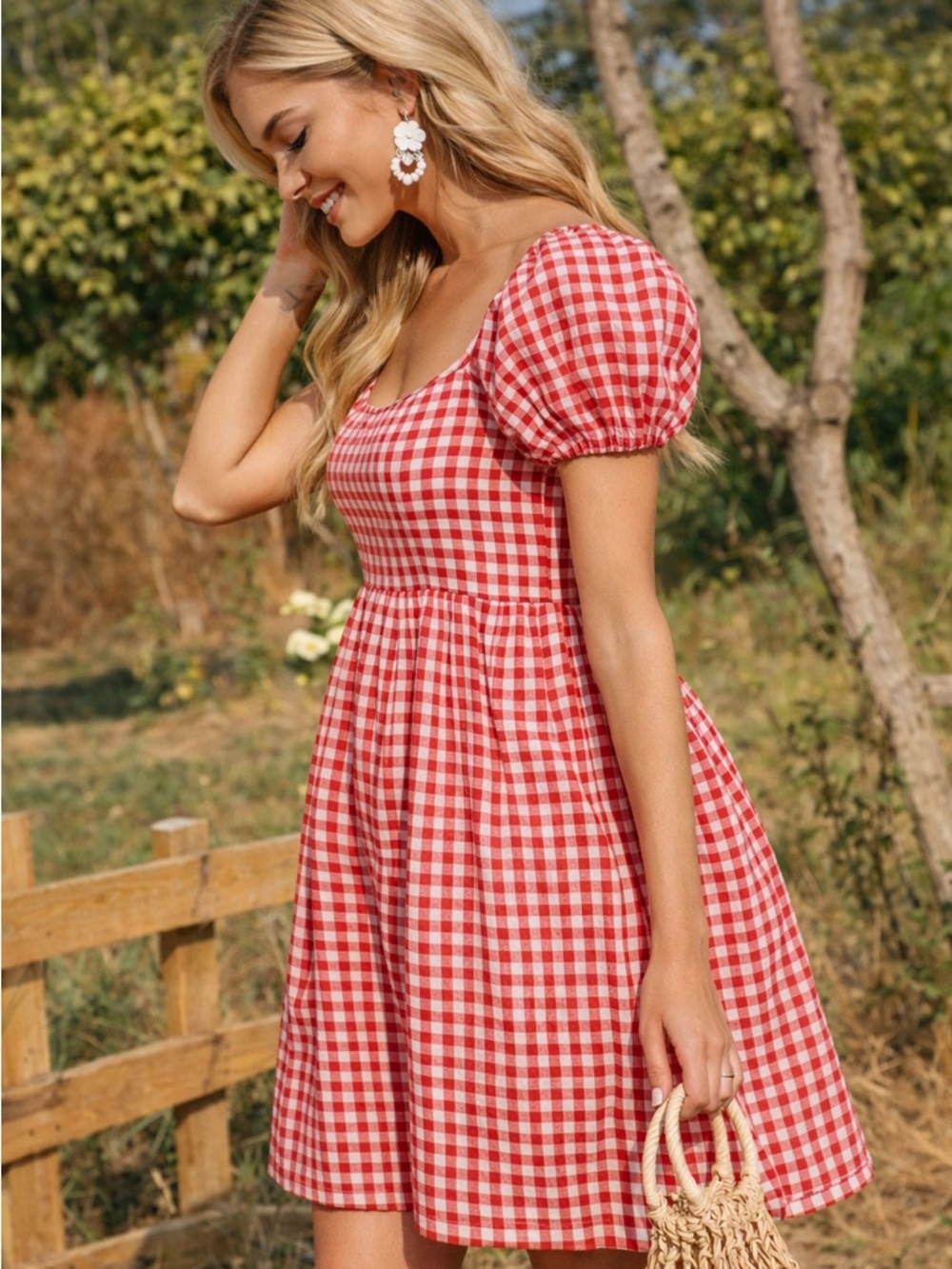 Abound • NWOT Red Gingham Puff Sleeve Dress PTP 16”-18”